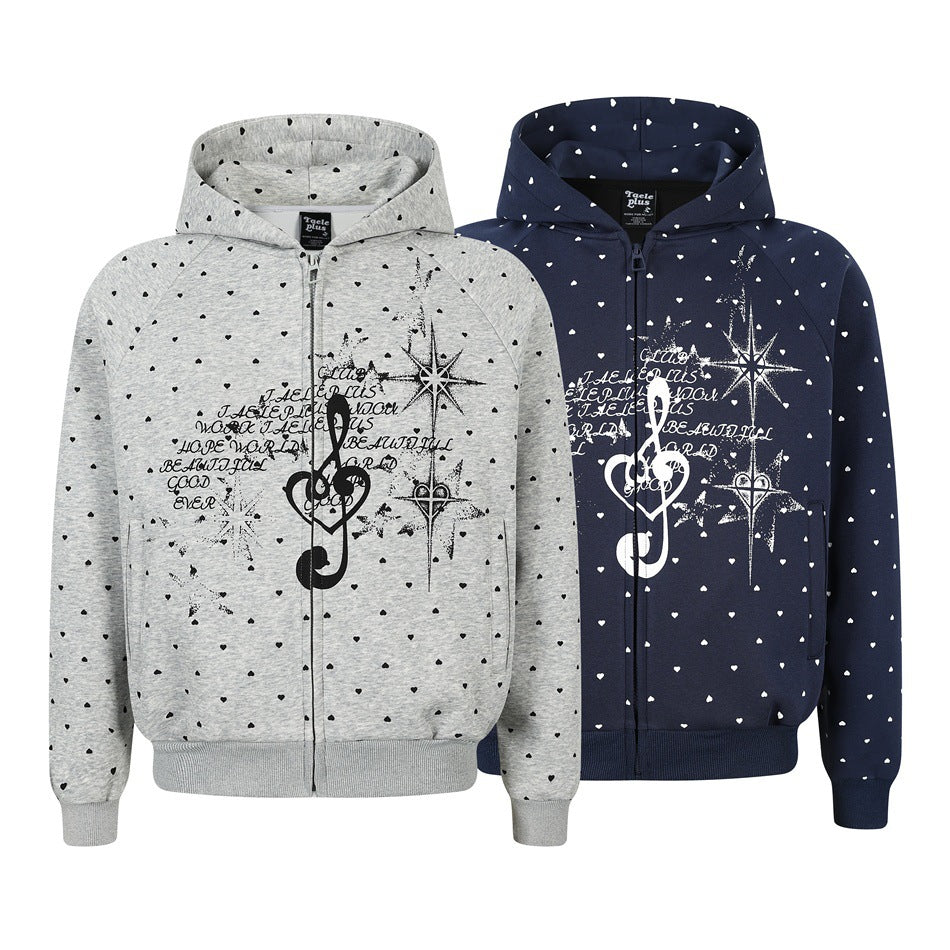 Damen Zip‑Hoodie im Herz-Allover mit Notenschlüssel‑Print und Kängurutaschen Drune