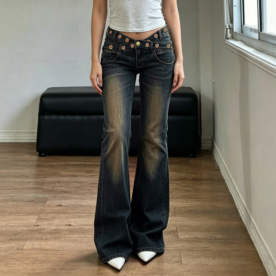 Damen High‑Waist Flared-Jeans mit doppeltem Nietenbund und Used-Effekt Drune