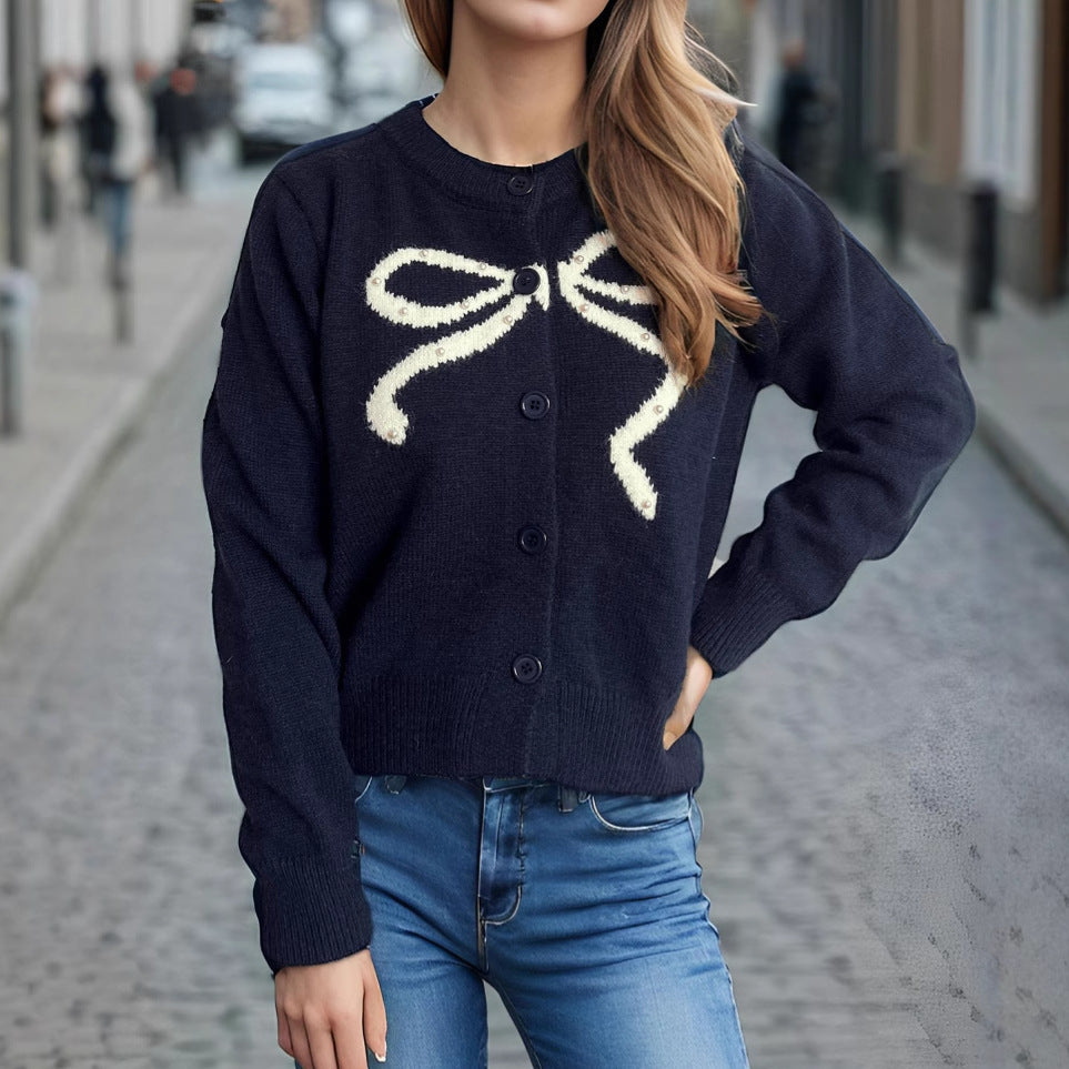 Damen kuschelige Strickjacke mit Schleifenmotiv Drune