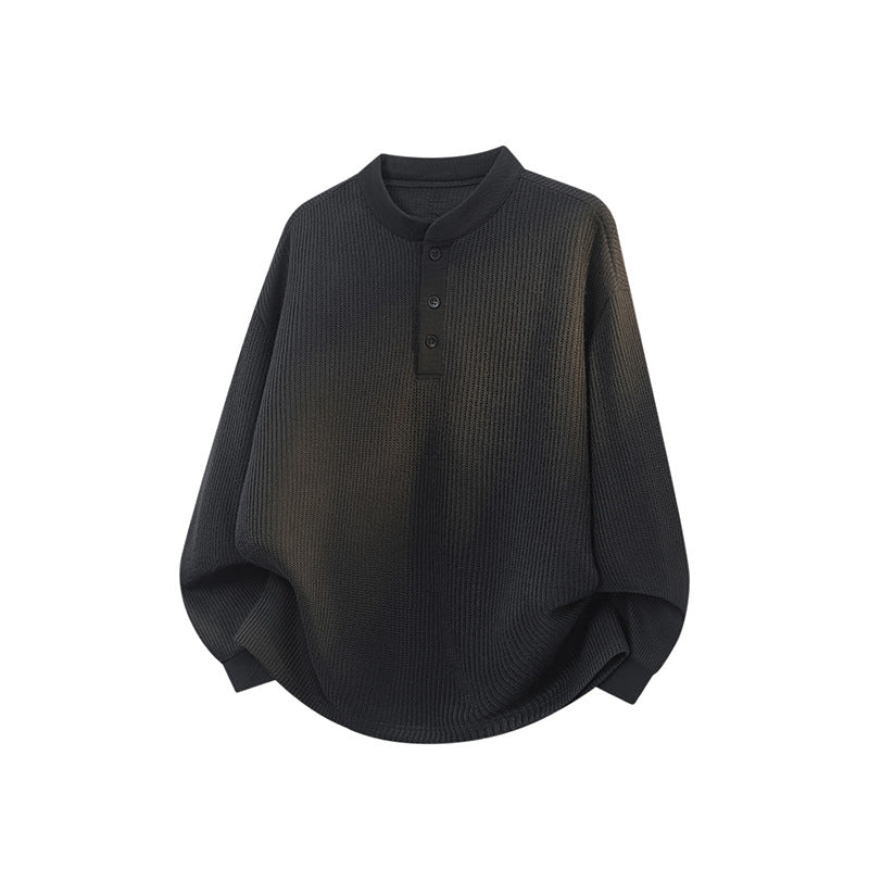 Unisex Weitgeschnittener Waffelstrick-Henleypullover mit Stehkragen Drune