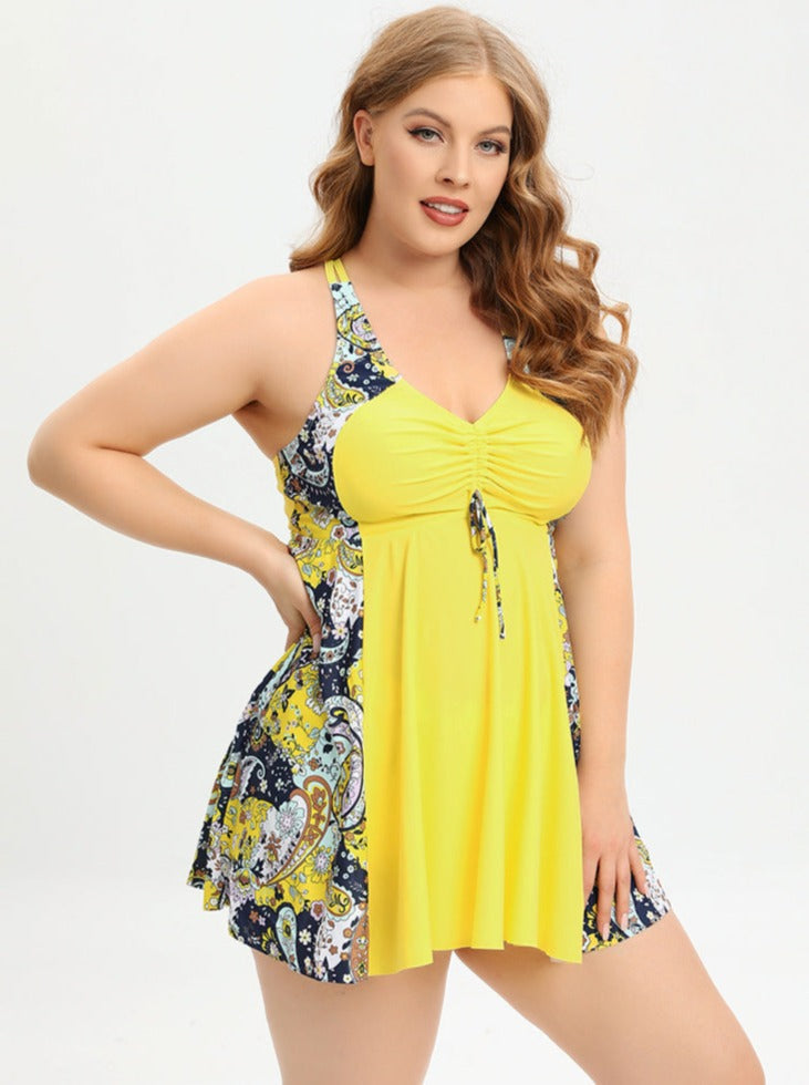 Drune | Plus Size V-Ausschnitt Badeanzugkleid mit Kreuzträgern