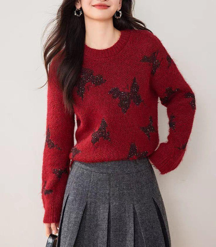 Damen stylischer Strickpullover mit glitzernden Schmetterlingsapplikationen Drune