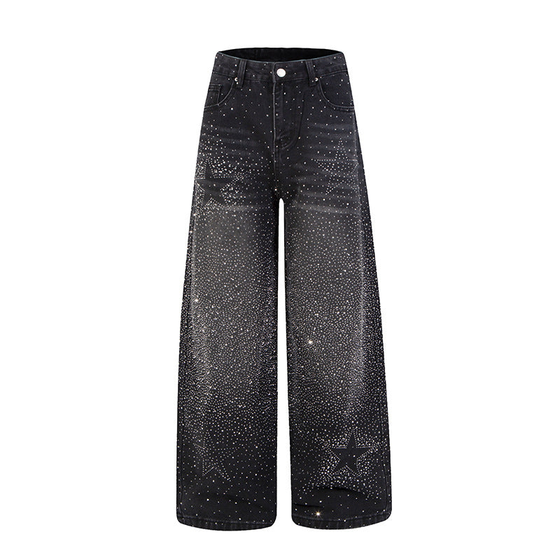 Damen Weite hochgeschnittene Palazzo-Jeans mit Glitzereffekt und Used-Waschung Drune