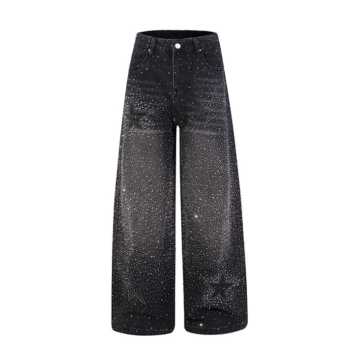 Damen Weite hochgeschnittene Palazzo-Jeans mit Glitzereffekt und Used-Waschung Drune