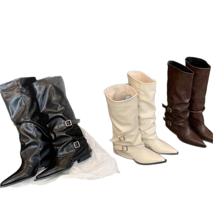 Damen Slouch-Kniehohe Stiefel mit spitzer Zehenform, dekorativen Schnallen und sculpted Blockabsatz Drune
