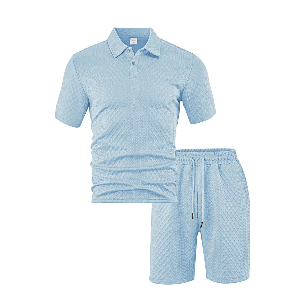 Herren nan dreidimensionales Relief-Freizeit-Set mit Polokragen, verdeckter Knopfleiste und elastischer Tunnelzugshorts Drune