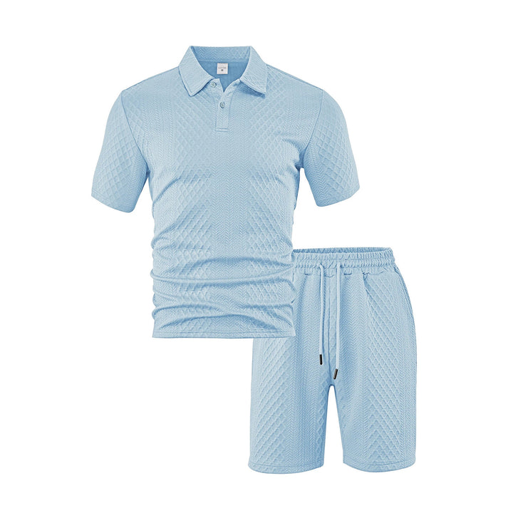 Herren nan dreidimensionales Relief-Freizeit-Set mit Polokragen, verdeckter Knopfleiste und elastischer Tunnelzugshorts Drune
