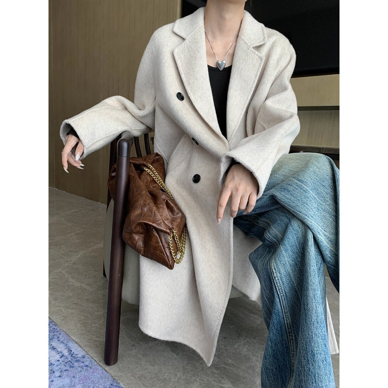 Damen eleganter Wollmantel mit doppelter Knopfleiste und geradem Schnitt Drune