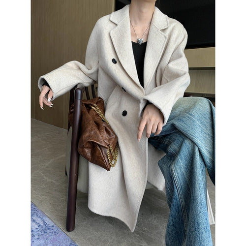 Damen eleganter Wollmantel mit doppelter Knopfleiste und geradem Schnitt Drune