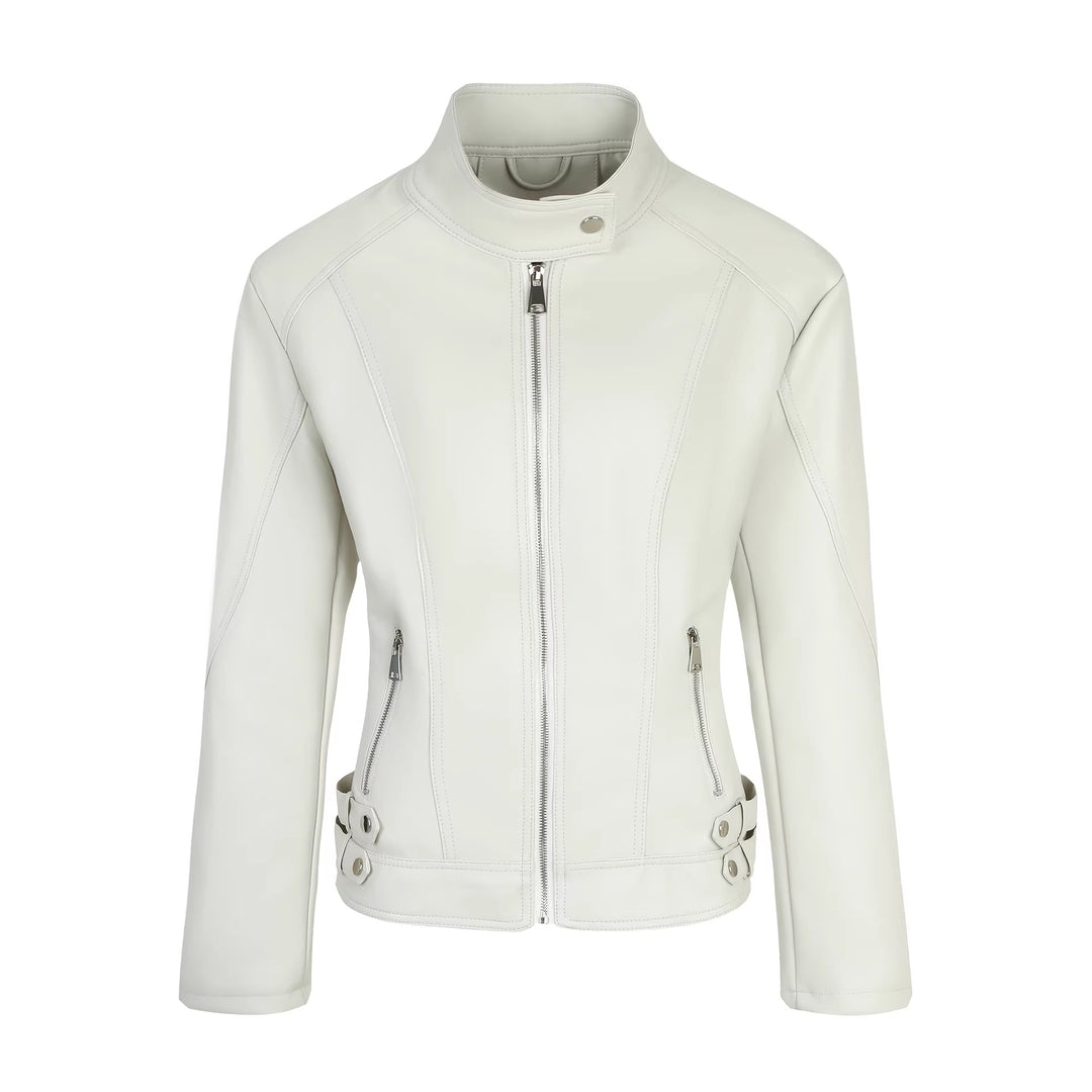 Damen Modische Kunstlederjacke mit Reißverschluss und seitlichen Taschen Drune