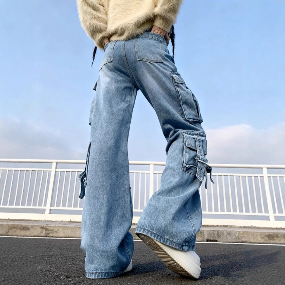 Damen Weite Cargo-Jeanshose mit mehreren aufgesetzten Taschen und Utility-Details Drune