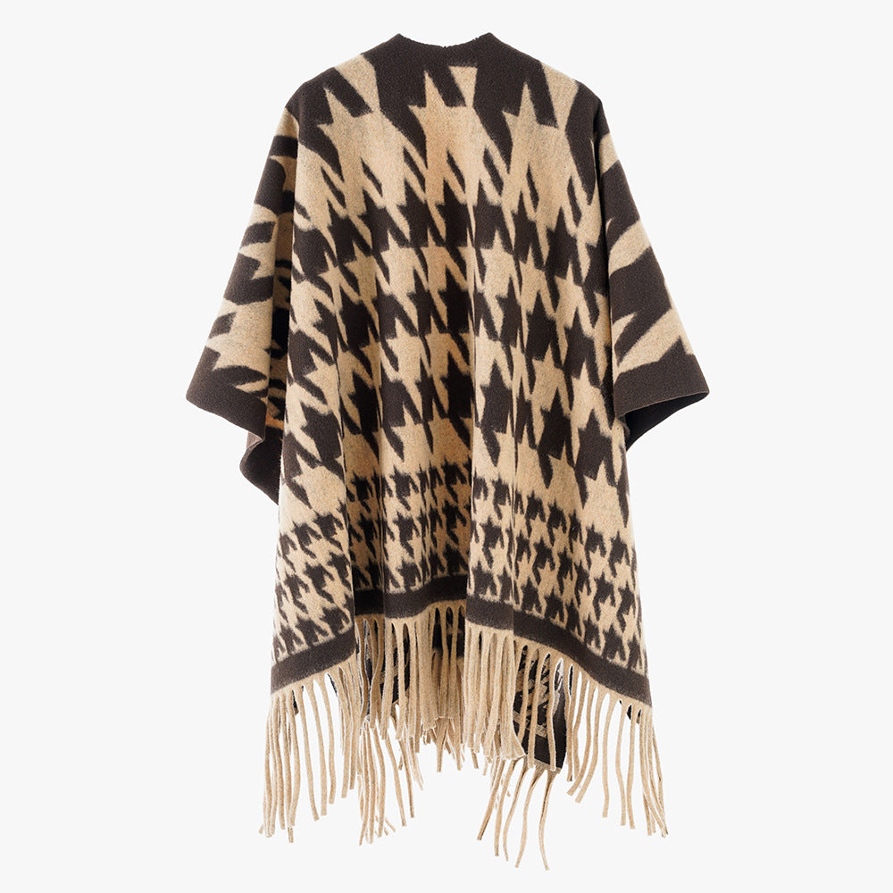 Damen Wollmix-Poncho mit Hahnentritt-Muster und Fransensaum Drune
