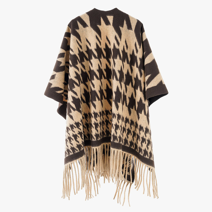Damen Wollmix-Poncho mit Hahnentritt-Muster und Fransensaum Drune