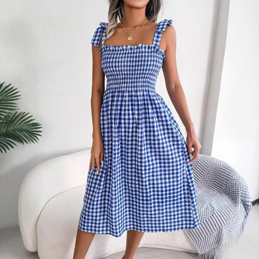 Damen lässiges kariertes A-Linien Kleid mit schmalen Trägern Drune