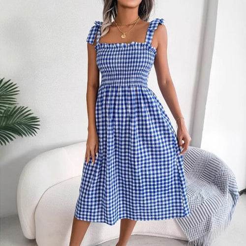 Damen lässiges kariertes A-Linien Kleid mit schmalen Trägern Drune