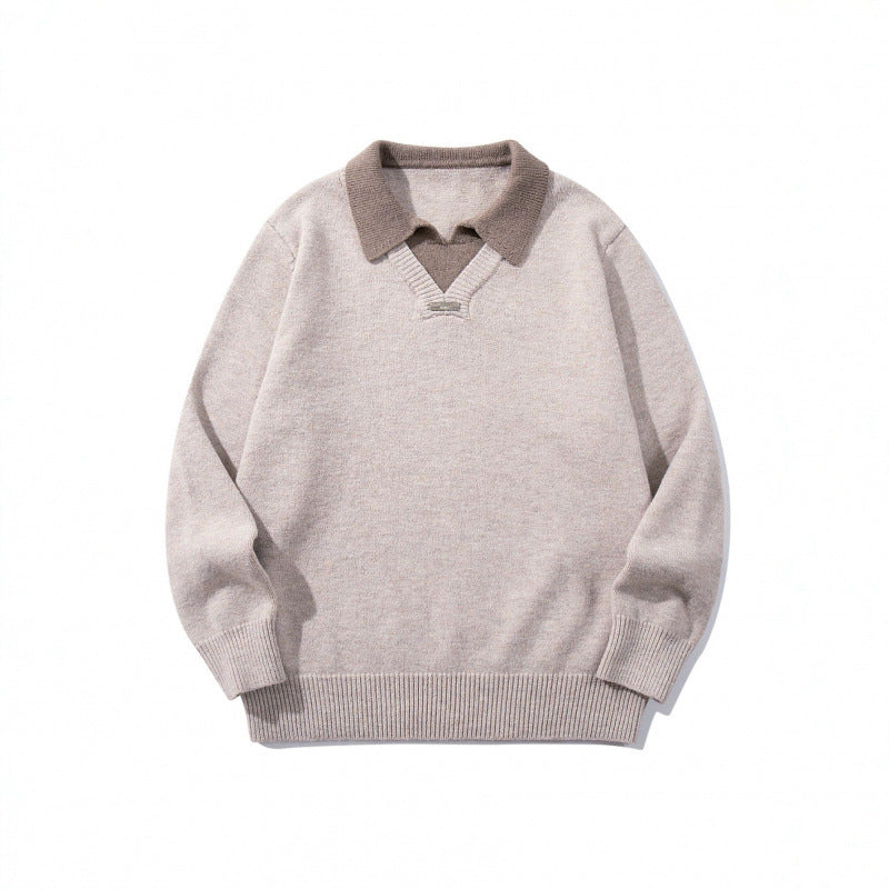 Herren Relaxter Merino-Mix Strickpullover mit kontrastierendem Polokragen und V-Detail Drune