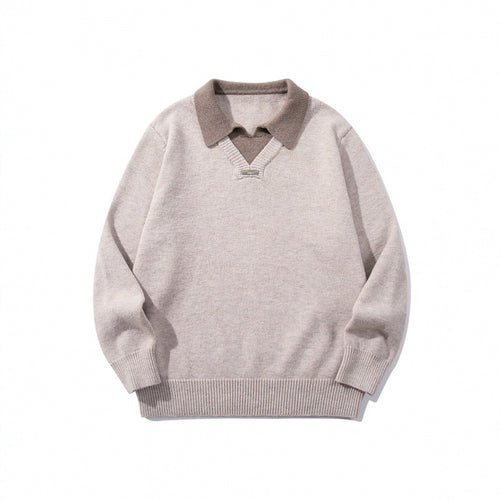Herren Relaxter Merino-Mix Strickpullover mit kontrastierendem Polokragen und V-Detail Drune