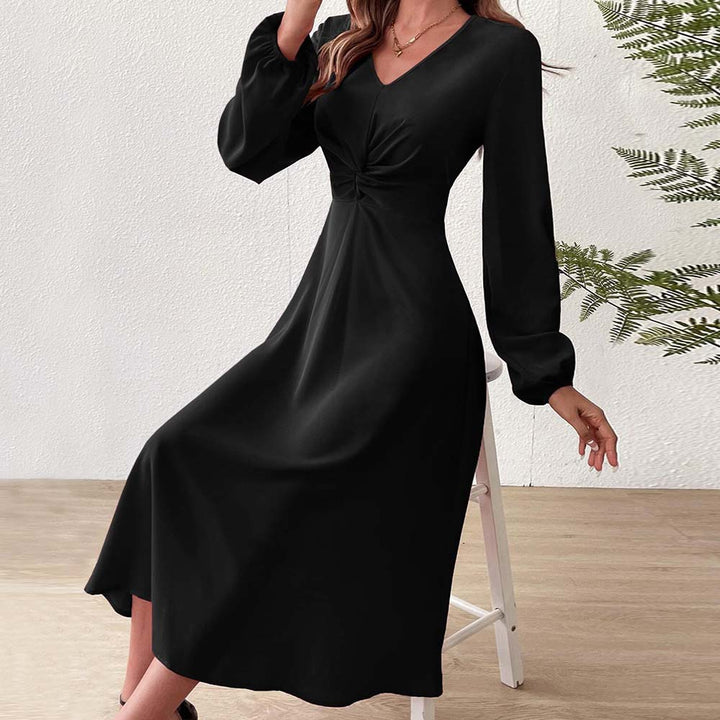 Damen elegantes Midikleid mit figurformender Drapierung und tiefem V-Ausschnitt Drune