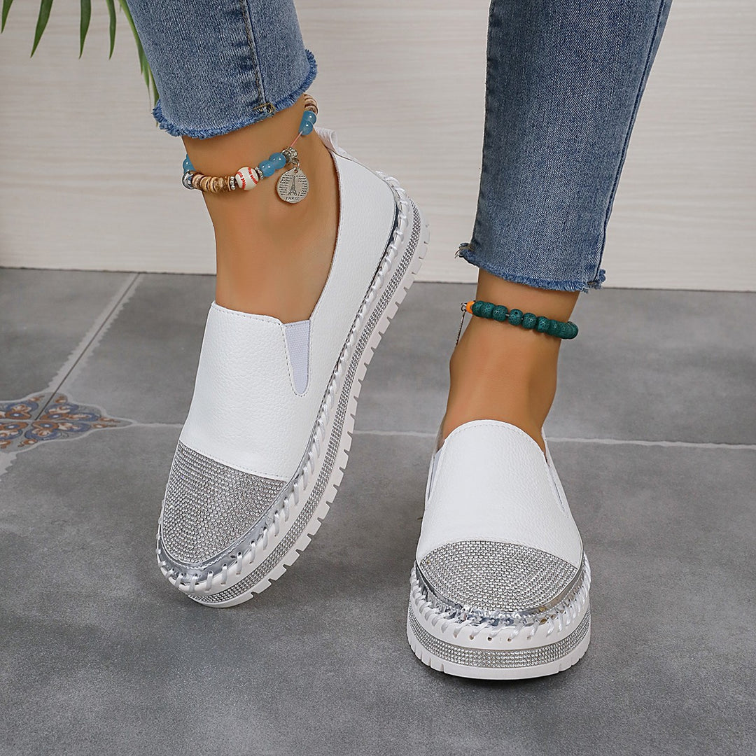 Damen Slip-On Plateau-Slipper mit Strassbesatz, elastischem Einstieg und profilierter Gummisohle Drune
