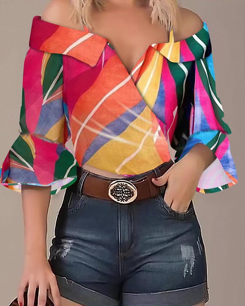 Damen Off-Shoulder Bluse mit buntem Streifenmuster und weiten Ärmeln Drune