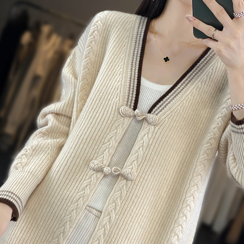 Damen Strickcardigan mit Zopfmuster und dekorativen Knotenverschlüssen Drune