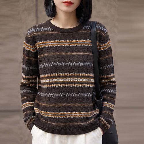 Damen Leichter Fair‑Isle Feinstrickpullover mit Rundhalsausschnitt und feiner Streifenstruktur Drune