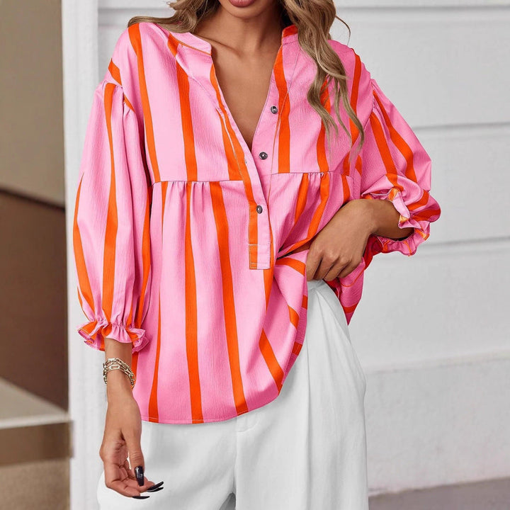 Damen oversize Bluse mit Streifenmuster und Knopfleiste Drune