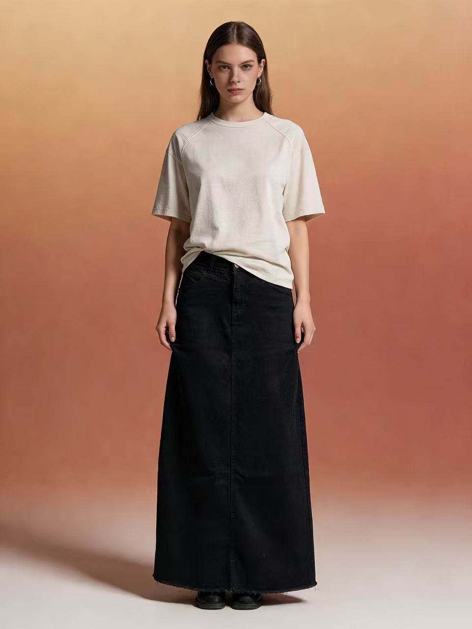 Damen nan langer High-Waist Denim-Maxirock mit gerader Silhouette und rohem Saum Drune