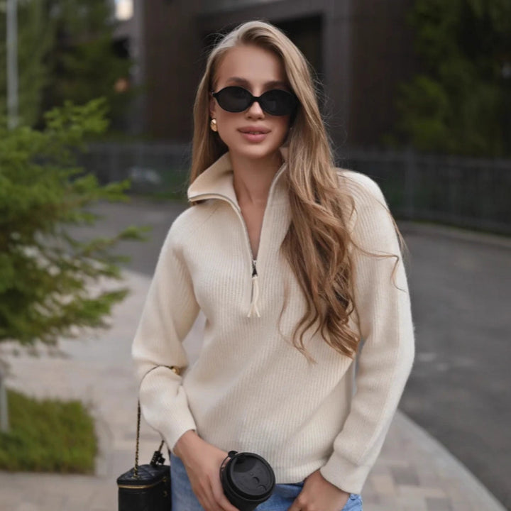 Damen Eleganter Pullover mit halbem Reißverschluss Drune