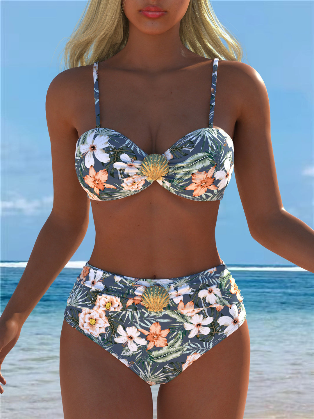 Damen Bikini-Set mit floralem Balconette-Oberteil und hochgeschnittenem Höschen Drune