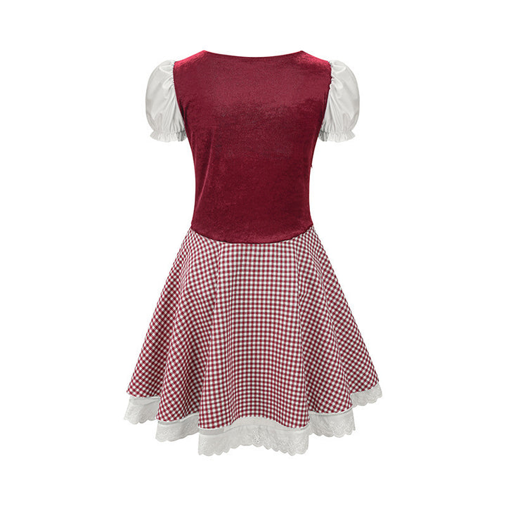 Damen nan Trachtenkleid im Vichy-Stil mit Puffärmeln, Schnürkorsett und Spitzenschürze Drune