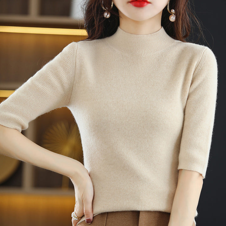 Damen Kurzarm-Feinstrickpullover mit Stehkragen und taillierter Passform Drune