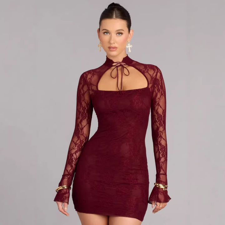 Damen Spitzen Minikleid mit hohem Kragen und schmalen Ärmeln Drune