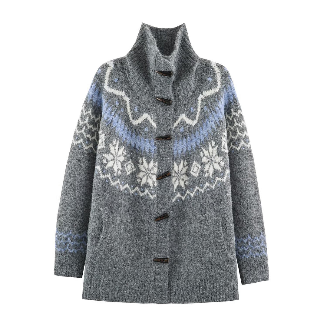 Damen Norweger-Strickjacke mit Stehkragen und Holzknopfverschlüssen Drune