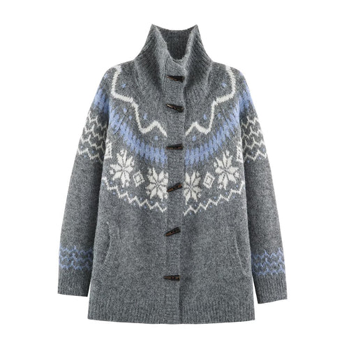 Damen Norweger-Strickjacke mit Stehkragen und Holzknopfverschlüssen Drune