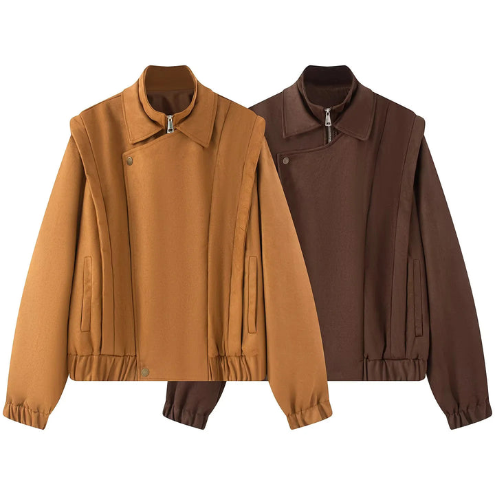 Damen nan asymmetrische Blousonjacke mit verdeckter Reißverschlussblende, Stehkragen und taillennahem Kordelzug Drune