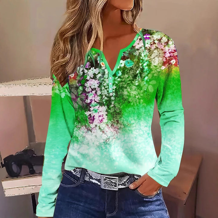 Damen Blütenmuster Langarmshirt mit Knopfleiste Drune