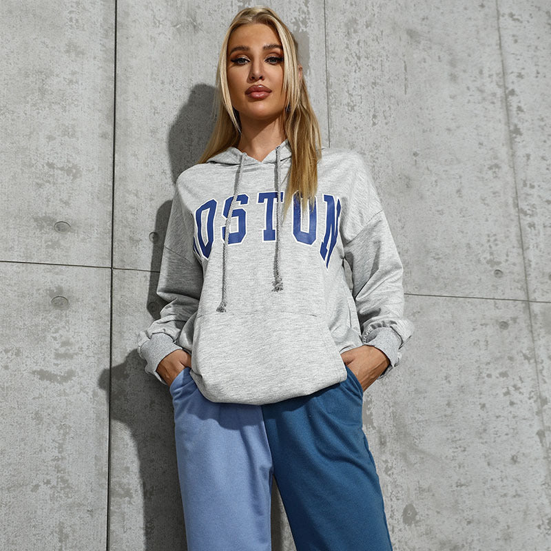 Damen Kapuzenpullover mit Collegestyle-Print, Kängurutasche und lässiger Oversize-Passform Drune