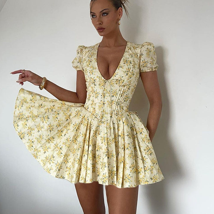 Damen Puffärmel Kleid mit tiefem V-Ausschnitt und tailliertem Design Drune