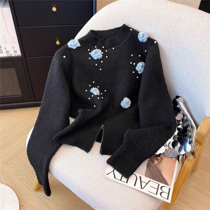 Damen Modischer Pullover mit floralen Applikationen Drune