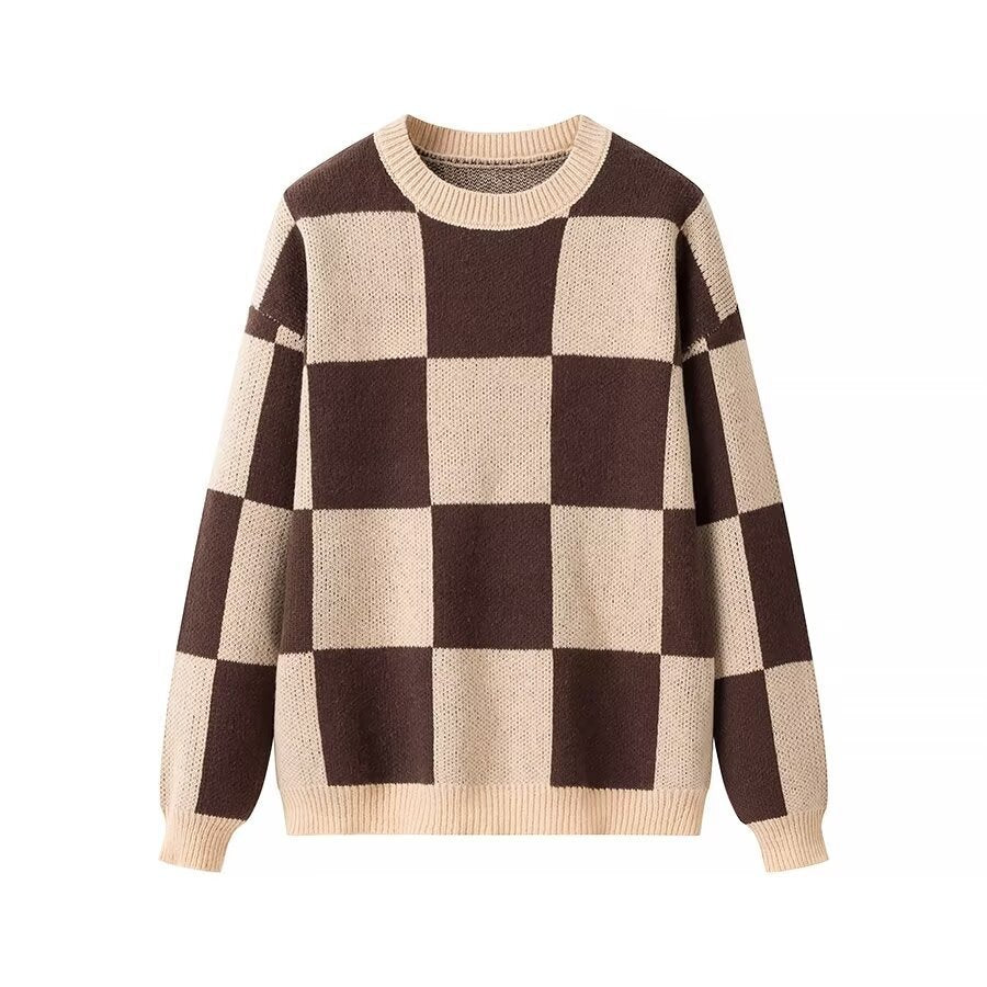 Damen modischer Pullover mit grafischem Karomuster und Rundhalsausschnitt Drune