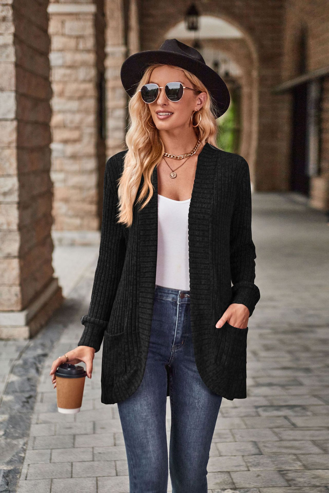 Damen nan langer gerippter Cardigan mit aufgesetzten Taschen und offener Front Drune