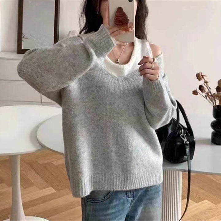 Damen lässiger Pullover mit einem modernen V-Ausschnitt und offenen Schultern Drune