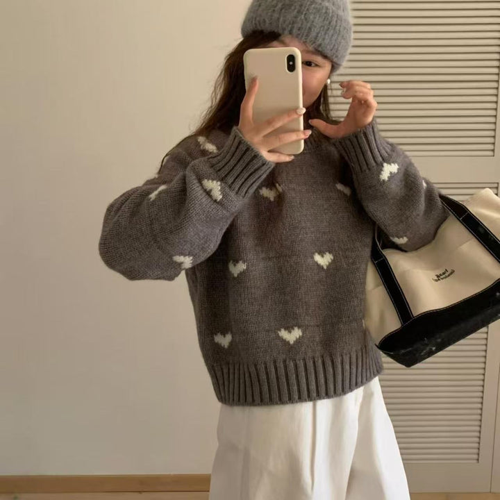 Damen gestrickter Pullover mit Herzmuster und weitem Bund Drune