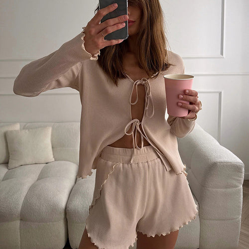 Damen gemütliches Rippstrick Haus-Set mit Bindecardigan und Shorts Drune