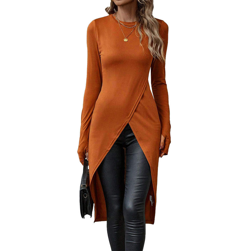 Damen asymmetrisches Longshirt mit überlappendem Frontschlitz und taillierter Silhouette Drune
