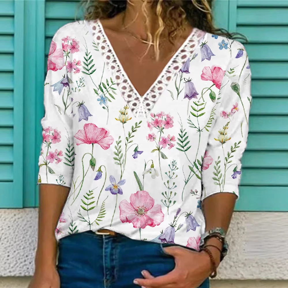 Damenbluse mit V-Ausschnitt und Spitzenbesatz, 3/4-Ärmel, Blumenmuster und lockerer Schnitt Drune