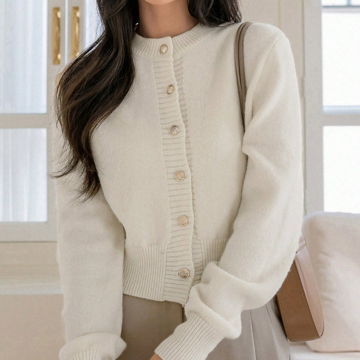Damen kuschelige Strickjacke mit goldenen Knopfdetails und stilvollem V-Ausschnitt Drune