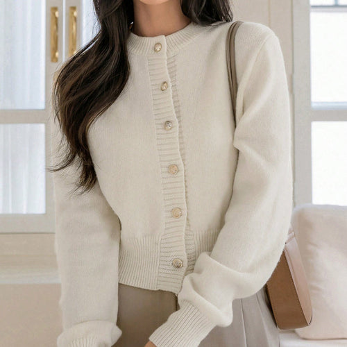 Damen kuschelige Strickjacke mit goldenen Knopfdetails und stilvollem V-Ausschnitt Drune