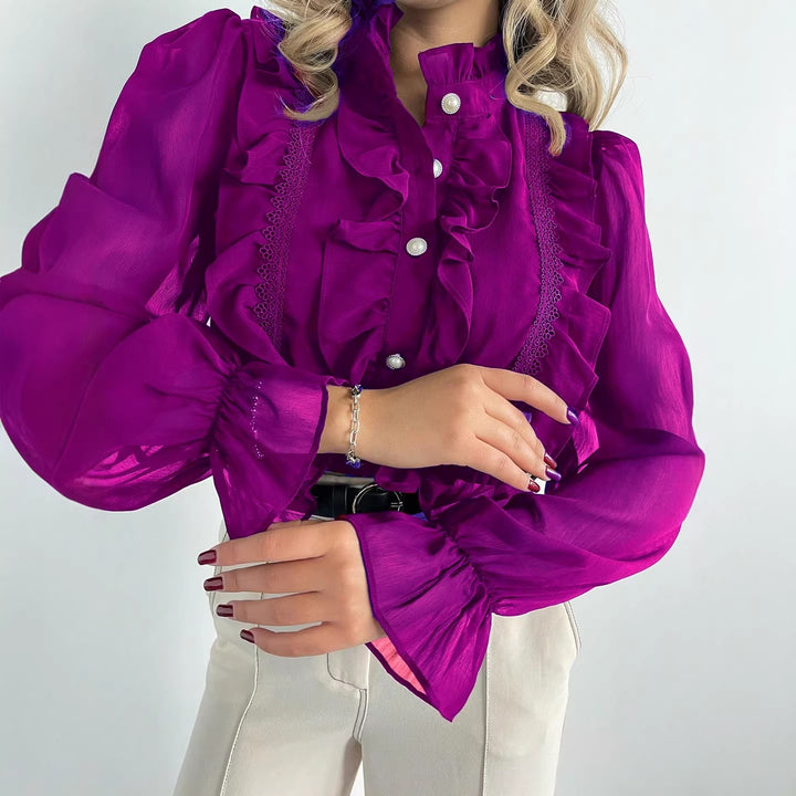 Damen Rüschenbluse aus Chiffon mit Stehkragen und Perlenknöpfen Drune